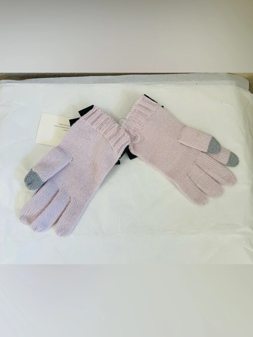 kate spade Light Pink Knit Gloves with Black Bow and Gray Touch Tips